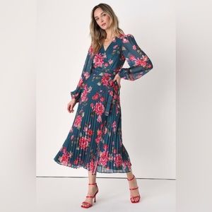 Lulus Blooming Whimsy Dark Teal Floral Pleated Midi Wrap Dress